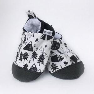 Woodland Baby Shoes, Monochrome Baby Slippers, Soft Sole Baby Shoes, Camping Baby Shoes, Baby Moccs, Baby Moccasins, Baby Booties,Vegan baby image 4