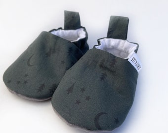 Moon, Stars and Trees on Dark Green Baby Shoes, Baby Slippers, Soft Sole Baby Shoes, Baby Gift, Baby Moccasins, Baby Booties