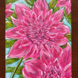 Pintura acrílica original de dalias rosas: arte floral impresionista (12,7 x 18,8 cm)