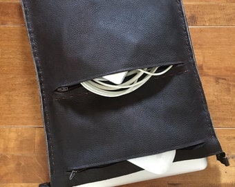 Leather padded laptop case with zippered compartments