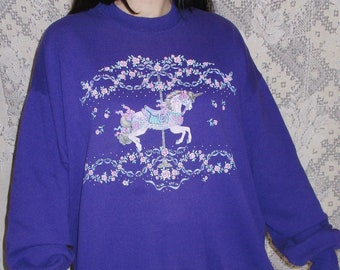 Unicorn Carousel Horse Sweatshirt Purple Pink 80s 90s Ribbons Flowers Rose Adorable Cute Oversized Pullover Top Retro Kidcore Puff Paint