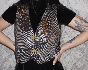 Crazy 80s Vest Black and Gold Metallic Frog Clasp Button Cropped New Wave Romantic Punk Trad Goth Goblin Clown Clowncore 90s Weirdo Handmade