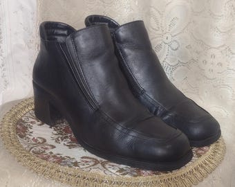 90s Black Leather Zip up Elastic Ankle Boots Y2K Early 2000s