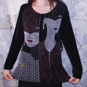 y2k Masked Ladies Slinky Black Shirt Long Stretchy Tunic 80s Style Womens Faces Butterfly