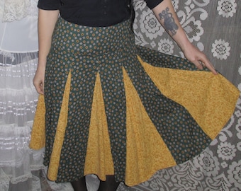 Vintage Handmade Knee Length Sunflower Skirt Floral Forest Green & Bright Yellow Clowncore