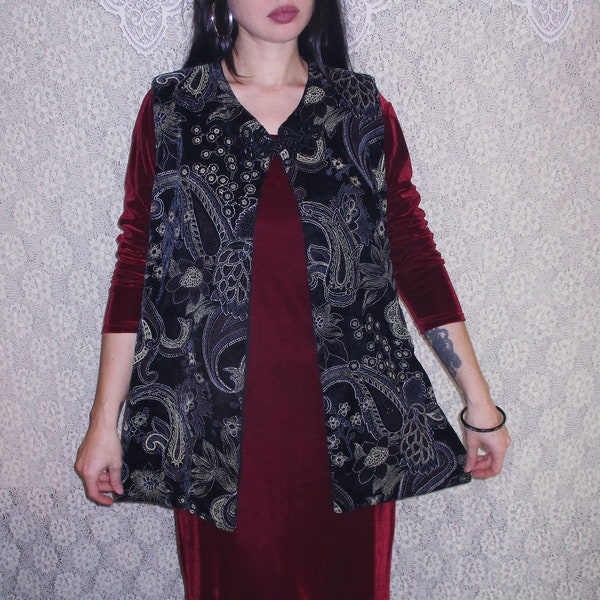 Paisley Velvet Tunic with Frog Clasp Black & Gold Floral Pattern Long Sleeveless Vest Duster Jacket Goth Bohemian Boho Witchy Hippy Handmade