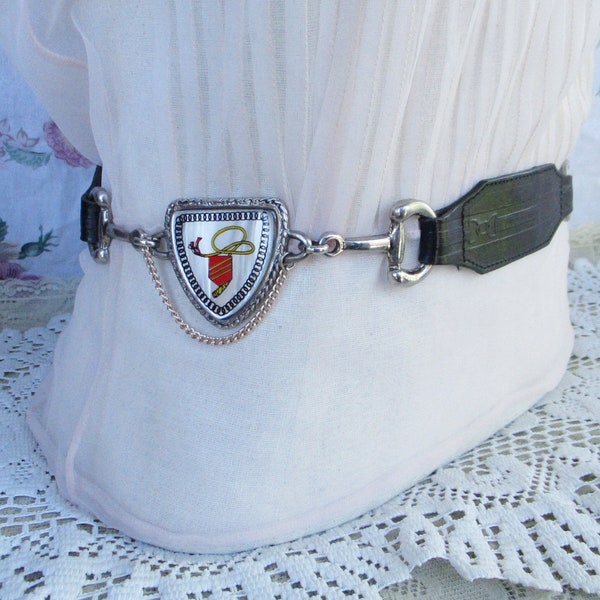 90s Shield and Silver Horse Bit Black Leather Belt Mother on Pearl Hanging Gold Tone Chains Made in Italy 80s Red and Green Heraldry Goth