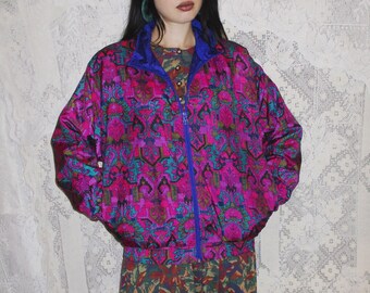 80s 90s Windbreaker Bright Magenta Purple & Olive Green Scrollwork Grotesques Psychedelic Neon Dayglo Retro Shoulder pads Athletic Jacket M