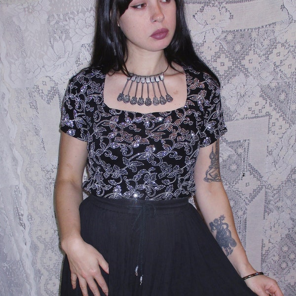 90s Square Neckline Glitter Top Black Silver Slinky Stretch Sparkly Vine Leaf Pattern Y2k Early 2000s Goth Witchy Club Formal Holiday Party