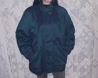 90s Dark Green and Purple Coat Shoulder Pads Forecaster of Boston Long Pull-string Cinched Waist Long Jacket Warm Grunge Cozy Large Petite