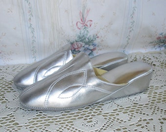 Silver Slippers Faux Leather Wedge Boudiour House Shoes Fancy Metallic Shiny  Loungewear Glam Retro Bohemian Round Toe 60s 70s Style 7