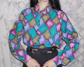 90s Cartoonish Patchwork Patterned Blouse Checkerboard Motley Jester Button Up Clowncore Clown 80s Purple Teal Pink Brown Retro Mod Large