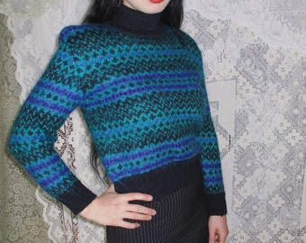 80s 90s Black Purple & Teal Turtle Neck Sweater Fair Isle Striped Retro Cropped Acrylic Mohair Wool Fuzzy Winter Ski Warm Boho Bohemian S