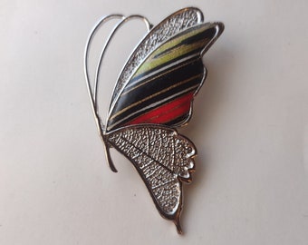 Large Butterfly Brooch 80s 90s Y2K Silver Tone Enamel Painted in Stripes of Black Gold Red and Green Big Bug Pin Cute Early 2000s Grandma