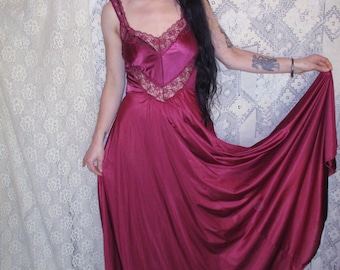 80s Undercover Wear Wine Red Slip Long Floor Length Nylon Nightgown Silky Lingerie Gown Sheer Floral Lace Yoke Pointed Basque Waist L Tall