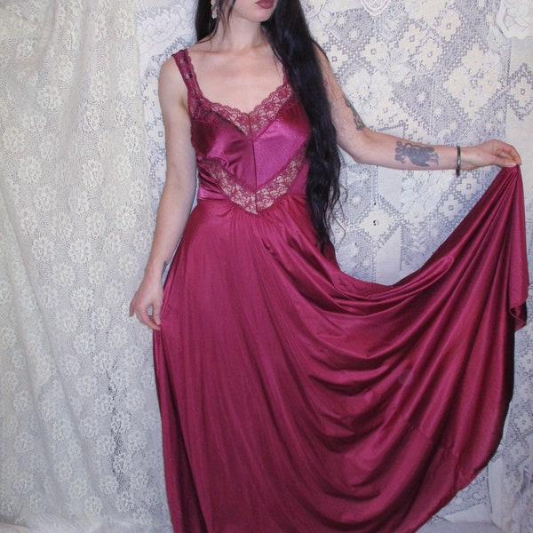 80s Undercover Wear Wine Red Slip Long Floor Length Nylon Nightgown Silky Lingerie Gown Sheer Floral Lace Yoke Pointed Basque Waist L Tall