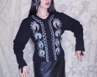 Tassel Cardigan Belvedere Knitwear Florence Italy Black Ribbed Merino Wool Silver Ornate Ribbon Piping Teardrop Beads Vintage Goth 80s 90s S