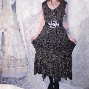 90s Handkerchief Hem Black Slinky Maxi Dress Gold Glitter Pattern Pointed Witchy Stretchy XL