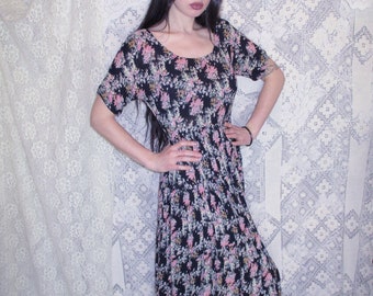 90s Floral Gauzy Long Dress by Nectar Thin Flowy Spring Summer Maxi Black Light Pink Prairie Shoulder Pads Victoriana Goth Bohemian Grunge