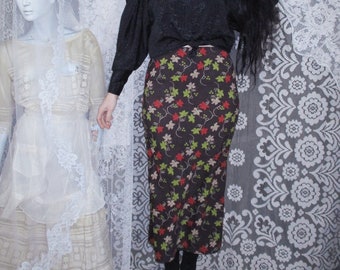 Leafy Vine Maxi with High Black Slit 90s y2k 2000's Vintage Handmade Long Straight Skirt Dark Brown Earth Tones Autumnal Bright Orange Green