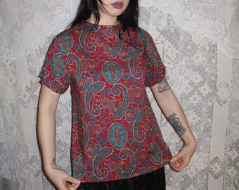 Paisley Blouse Red Teal Purple Orange Buttons up the Back 80s 90s Hippy Retro Folk Boho Bohemian Bright Short Sleeved Tshirt T Top Ornate