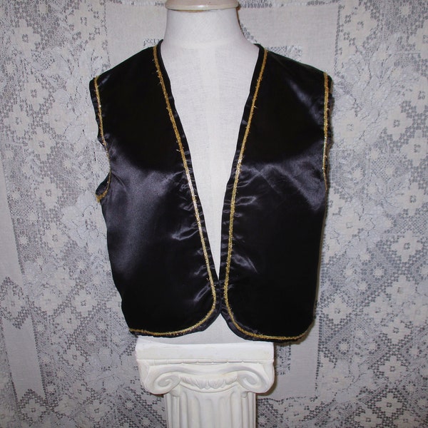 Costume Vest 70s 80s Vintage Handmade Silky Satiny Shiny Black with Distressed Gold Trim Sleeveless Open Front Houdini Genie Pirate Retro