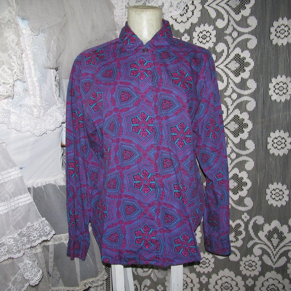 80s Baroque Versace Style Button Up Shirt Ornate Floral Scroll Work Bright Pink Purple Teal Black Jewel Tone New Wave Retro Early 90s 10