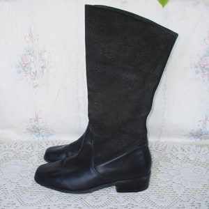 Rose Suede Slouch Boots 90s y2k Black Leather Tall Square Toe Autumn Fall Winter Goth Witchy Witch Punk Bohemian Dark Academia Riding 9.5 W
