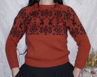 70s Dark Orange Sweater with Horned Stag and Snowflake Pattern by White Stag Burnt Sienna  and Black Retro Knit Pullover Warm Cozy Early 80s