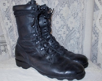 Black Leather Army Combat Boots Ripple Sole Quick Lace Military Jungle Boots Padded Ankle