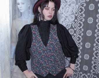 90s Tapestry Vest Raspberries Blackberries Goblincore Cute Brass Buttons up Back Tie Carole Antone 80s Mom Dark Academia Witchy Oversized L