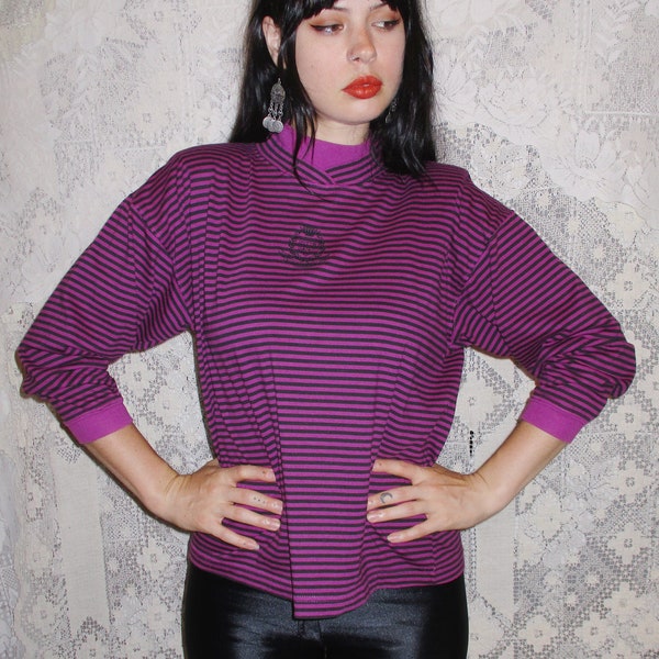 Striped Mock Neck Black and Purple Magenta Royal Academy Turtleneck Late 80s Early 90s Retro Witchy Punk Bohemian Stripes Shoulder Pads L