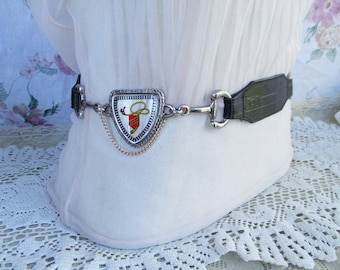 90s Shield and Silver Horse Bit Black Leather Belt Mother on Pearl Hanging Gold Tone Chains Made in Italy 80s Red and Green Heraldry Goth