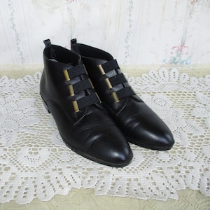80s 90s Black Leather Ankle Boots with Elastic Straps Goth Witchy Victorian Granny 6