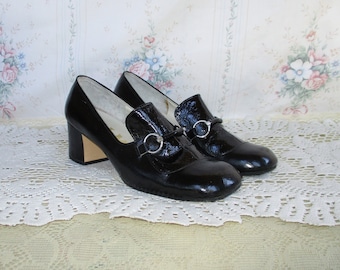 60s Black Patent Leather Horsebit Pumps 70s Block Heel Loafer Silver O ring Square Toe Mod Goth Witch Witchy Groovy Croc Pvc Bohemian Almo 6