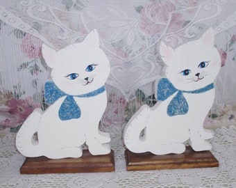 80s 90s Cat Bookends Cute Vintage Handmade Wood Wooden White Kitten Book Display for Childrens Bedroom Blue Glitter Bow Lightweight Cat Lady