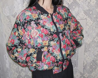 90s Dark Floral Bomber Jacket Gauzy Cotton & Black Rayon Lining Pockets Pink Green Red Grunge Goth Witchy 80s Bohemian Ride Made in India L