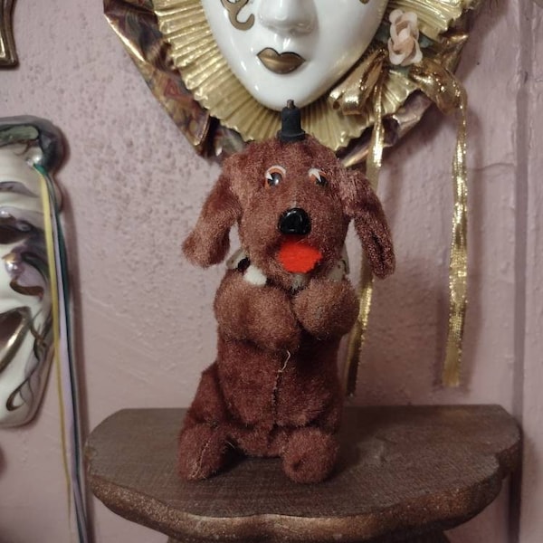 50s Wind Up Circus dog Tiny Black Top Hat Japan Metal Toy Brown Fur White Polka Dot Clown Collar as is  Old Toy 1950s 60s Creepy Oddities