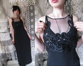90s Formal Maxi Dress Sheer Mesh Embroidered Sequin Neckline Prom Event Party Nu Goth Witch Witchy High Slit Sleeveless After Dark Size 10