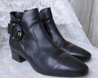 Black Leather Ankle Boots Aquatalia Italy Ankle Strap Buckle Cuban Heel Pointed Toe 11