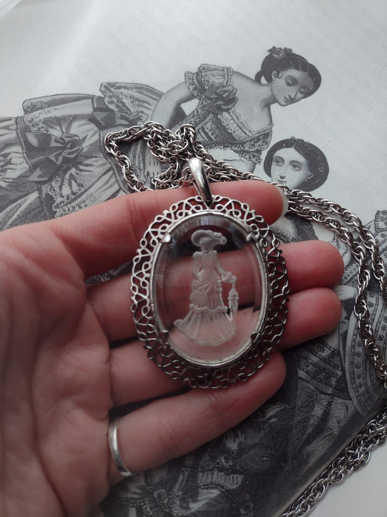 Avon Elegant Victorian Woman w Umbrella Cameo Necklace Clear Carved Frosted Glass Long Chain Oval Pendant Prairie Cottagecore Silver 80s 90s image 6