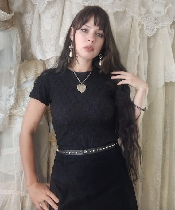 Black Leather Studded Belt Thin Dainty Snap Closure Vtg Handmade