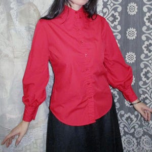 70s Red Poet Sleeve Blouse, Dagger Collar, Cottagecore