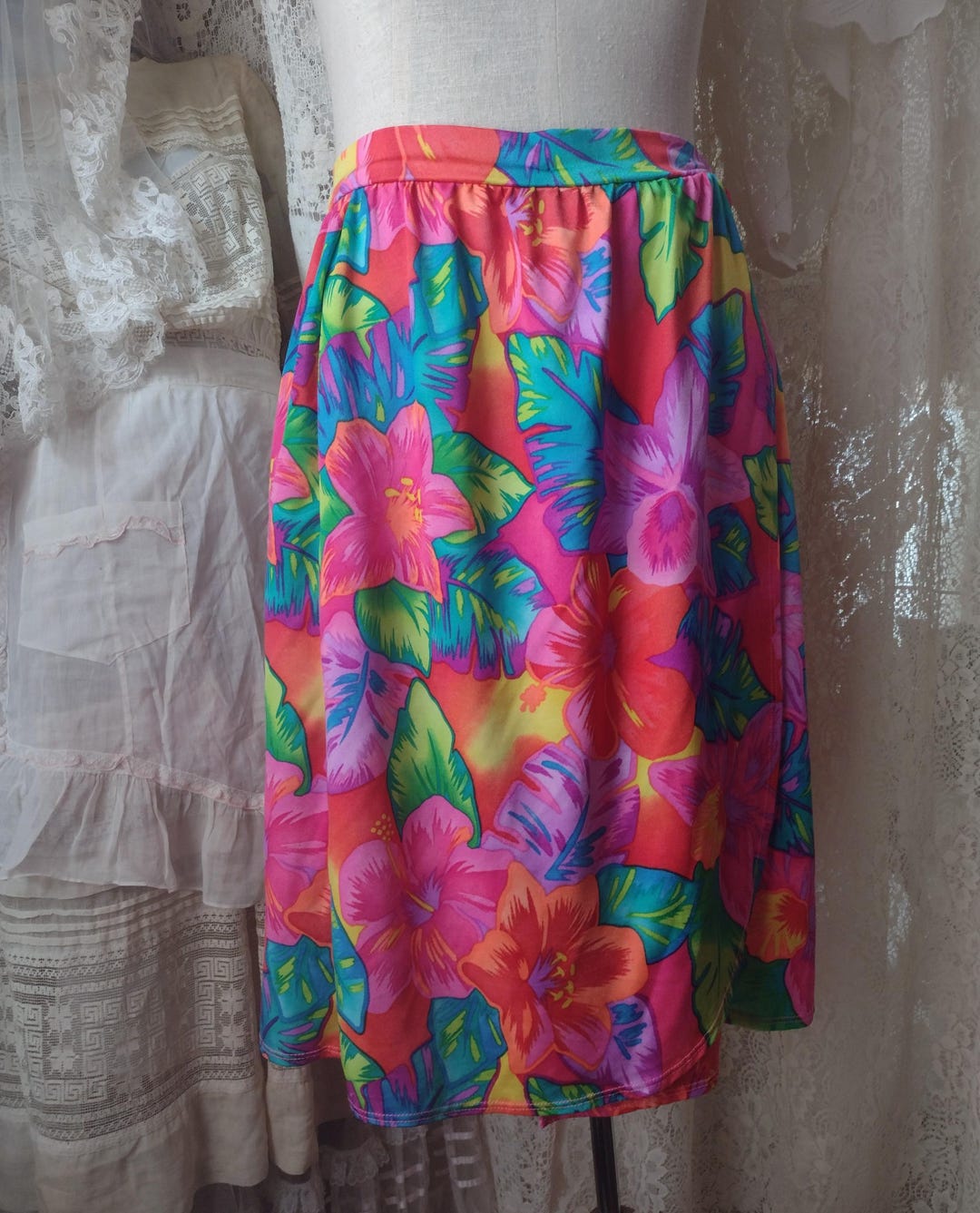 80s 90s Neon Floral Beach Bathing Swim Suit Cover up Wrap Tulip