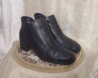 90s Black Leather Zip up Elastic Ankle Boots Y2K Early 2000s