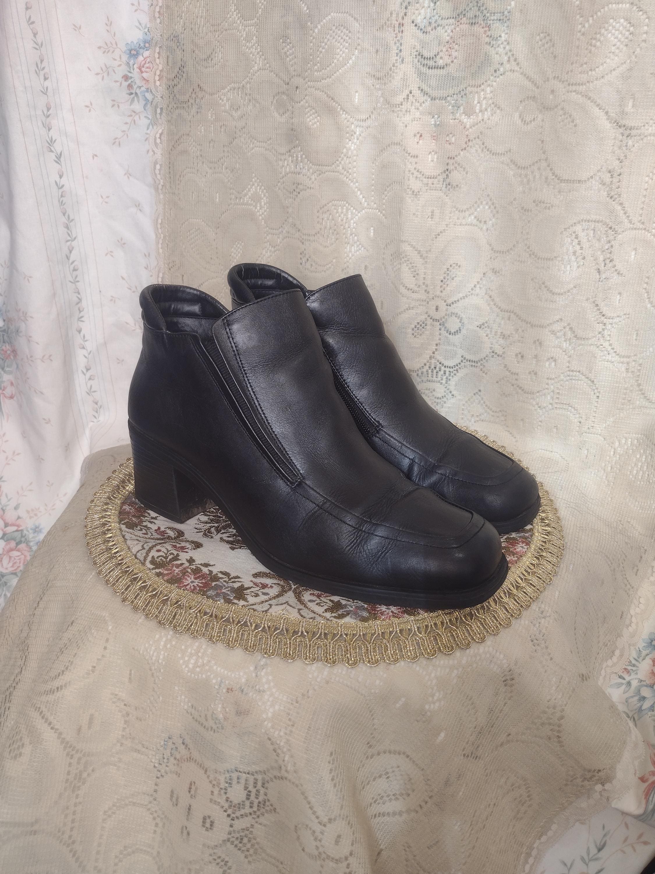 90s Black Leather Zip up Elastic Ankle Boots Y2K Early 2000s