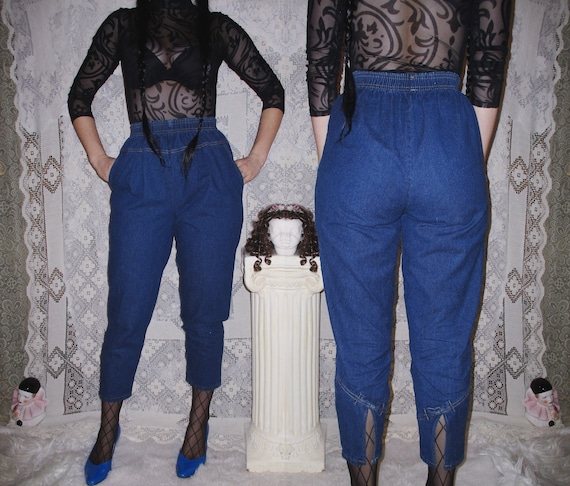 80s Bow Blue Jeans High Waisted Elastic Waist Cropped Capri Pants With  Adorable Bows and Slits in Back Early 90s Mom Pants Retro Petite 12 -   Canada
