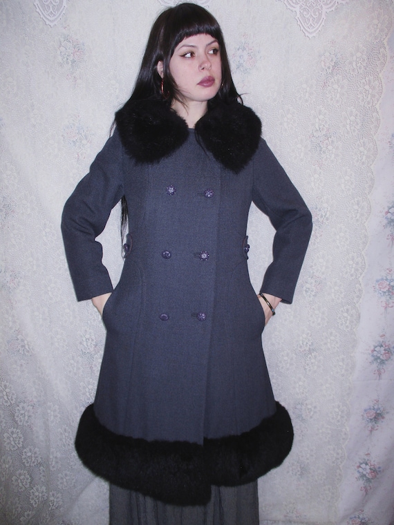 60s 70s Grey Russian Princess Coat Black Fur Trim… - image 1
