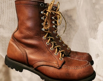 Red Wing Moc Toe Boots Beat Up Brown Stitched Toe Logger Black Vibram Soles Workwear