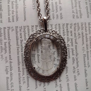 Avon Elegant Victorian Woman w Umbrella Cameo Necklace Clear Carved Frosted Glass Long Chain Oval Pendant Prairie Cottagecore Silver 80s 90s image 8
